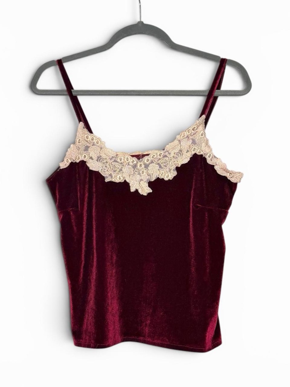 Y2K Red Velvet Cami with Cream Floral Lace Embroidered Trim
